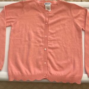 Bonpoint Girls Cardigan with Scalloped Neck and Hem. Pink Cotton/Wool Blend.